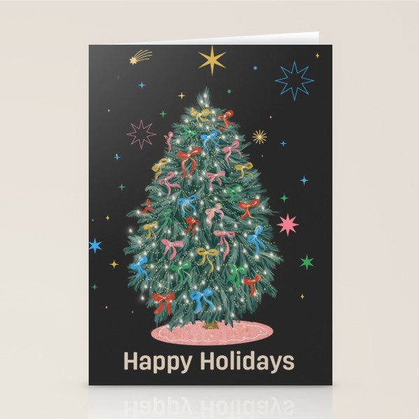 Colorful Christmas Tree with Bows and Stars on Black Background Stationery Card Gallery Image 2