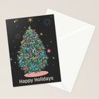 Colorful Christmas Tree with Bows and Stars on Black Background Stationery Card Gallery Image 2