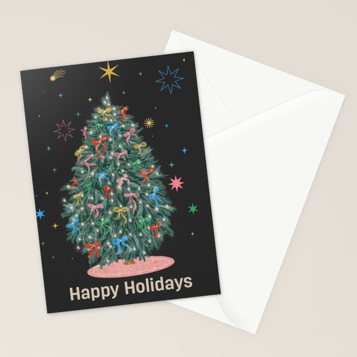 Colorful Christmas Tree with Bows and Stars on Black Background Stationery Card Gallery Image 2