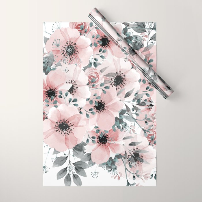 Flower Watercolor, Blush Pink and Gray, Floral Prints Wrapping Paper Gallery Image 1