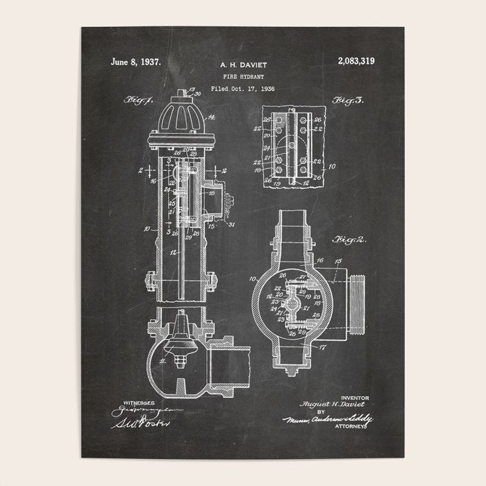 Fire Hydrant Patent - Fireman Fire House Art - Black Chalkboard Poster Gallery Image 4