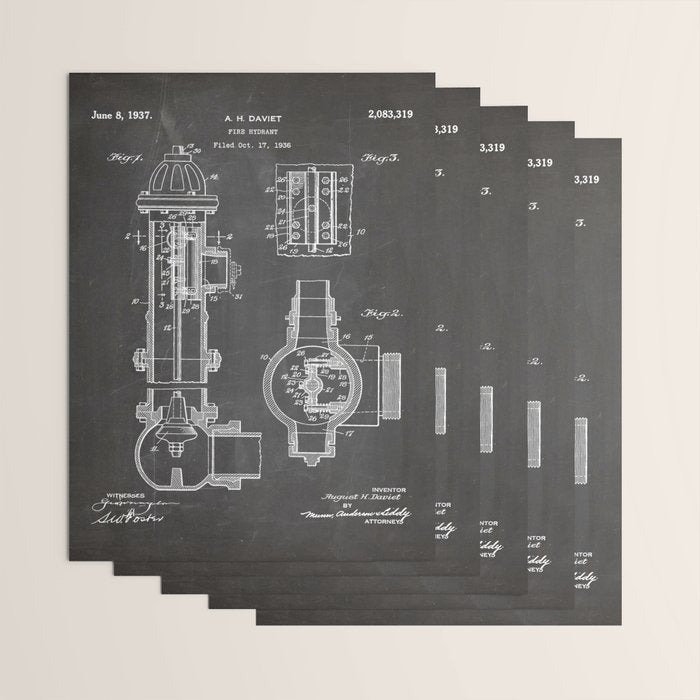 Fire Hydrant Patent - Fireman Fire House Art - Black Chalkboard Wrapping Paper Gallery Image 3