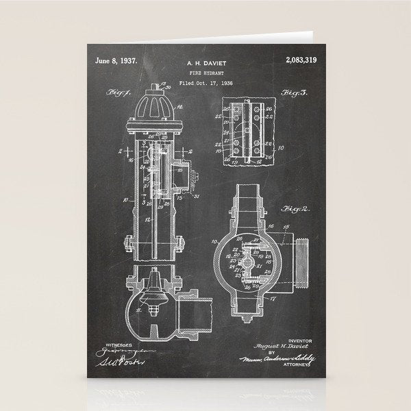 Fire Hydrant Patent - Fireman Fire House Art - Black Chalkboard Stationery Card Gallery Image 1