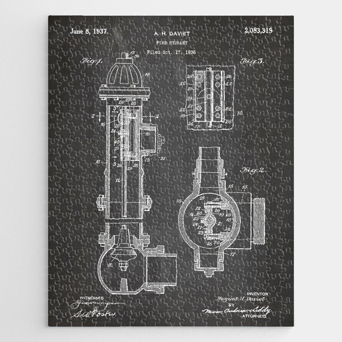 Fire Hydrant Patent - Fireman Fire House Art - Black Chalkboard Jigsaw Puzzle