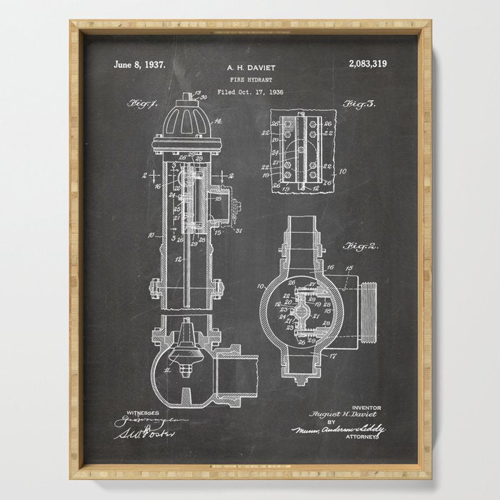 Fire Hydrant Patent - Fireman Fire House Art - Black Chalkboard Serving Tray Gallery Image 1