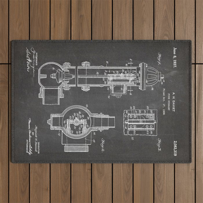 Fire Hydrant Patent - Fireman Fire House Art - Black Chalkboard Outdoor Rug Gallery Image 1