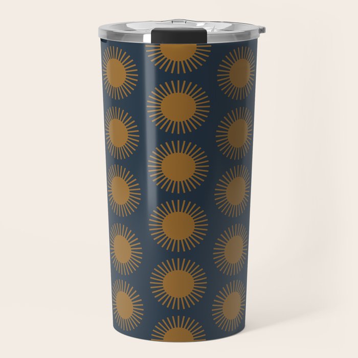 Boho Summer Sun Pattern VII Navy Blue Burnt Orange Travel Mug Gallery Image 1
