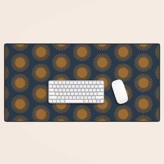 Boho Summer Sun Pattern VII Navy Blue Burnt Orange Desk Mat Gallery Image 1