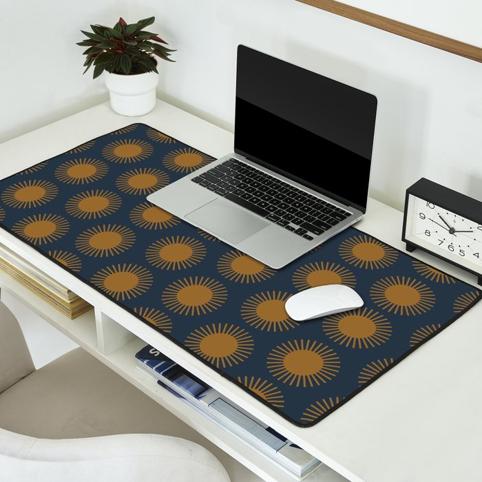 Boho Summer Sun Pattern VII Navy Blue Burnt Orange Desk Mat Gallery Image 2