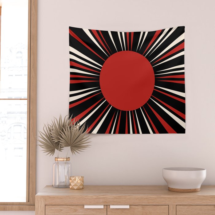 Bold Retro Sun Red Black Cream Wall Tapestry Gallery Image 2