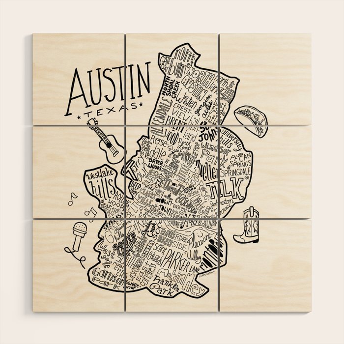 Austin Texas Illustrated Map Wood Wall Art