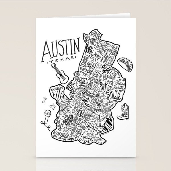 Austin Texas Illustrated Map Stationery Card Gallery Image 1