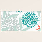 Festive, Floral Leaves and Blooms Coral, Teal Green and White Desk Mat Gallery Image 3