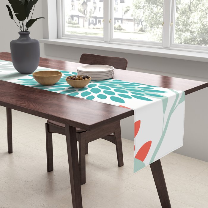 Festive, Floral Leaves and Blooms Coral, Teal Green and White Table Runner Gallery Image 2