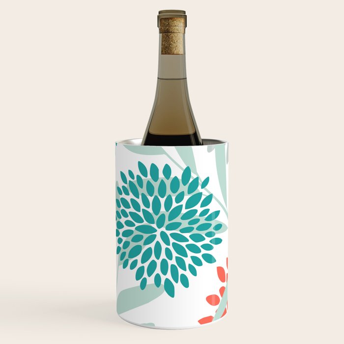 Festive, Floral Leaves and Blooms Coral, Teal Green and White Wine Chiller Gallery Image 3
