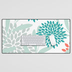 Festive, Floral Leaves and Blooms Coral, Teal Green and White Desk Mat Gallery Image 1
