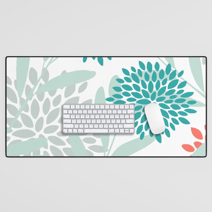 Festive, Floral Leaves and Blooms Coral, Teal Green and White Desk Mat Gallery Image 1