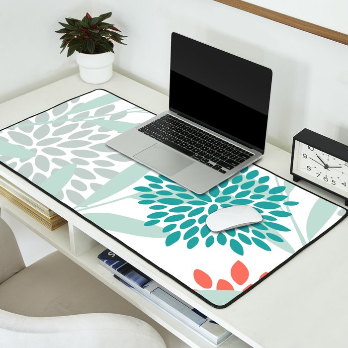 Festive, Floral Leaves and Blooms Coral, Teal Green and White Desk Mat Gallery Image 2
