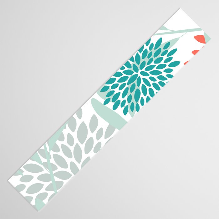 Festive, Floral Leaves and Blooms Coral, Teal Green and White Table Runner Gallery Image 3