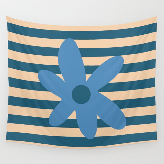 Joyful Flower and Stripes Pop Floral in Blue Wall Tapestry Gallery Image 4