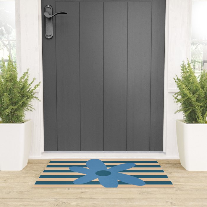 Joyful Flower and Stripes Pop Floral in Blue Welcome Mat Gallery Image 3