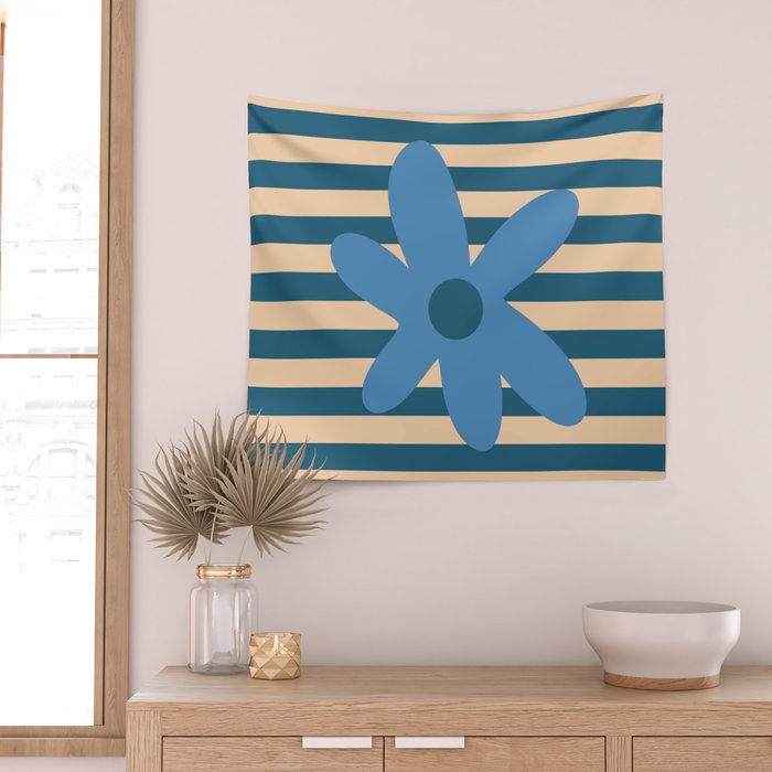 Joyful Flower and Stripes Pop Floral in Blue Wall Tapestry Gallery Image 2