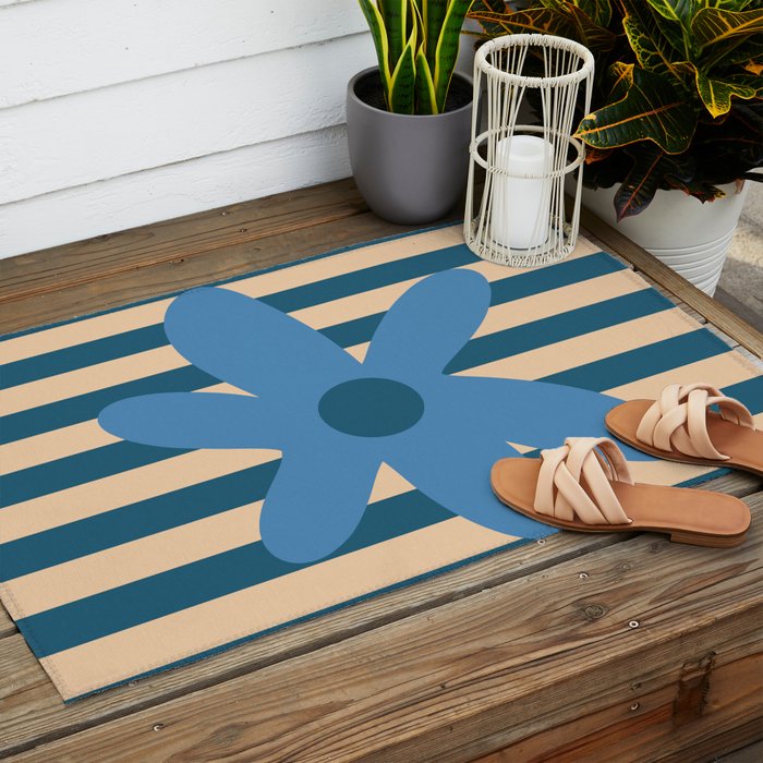 Joyful Flower and Stripes Pop Floral in Blue Outdoor Rug Gallery Image 2