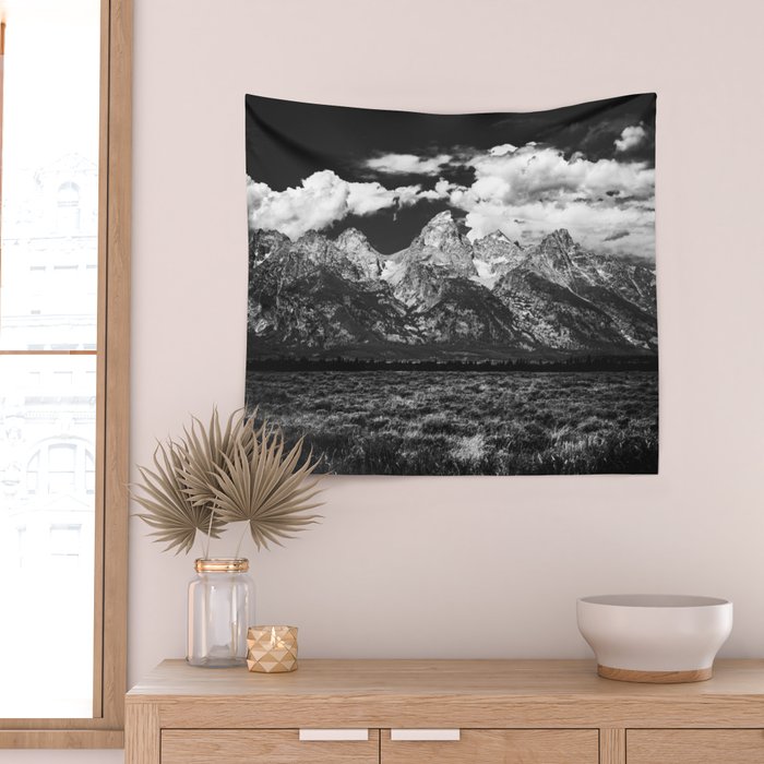Mountain Summer Escape - Black and White Tetons Wall Tapestry Gallery Image 2