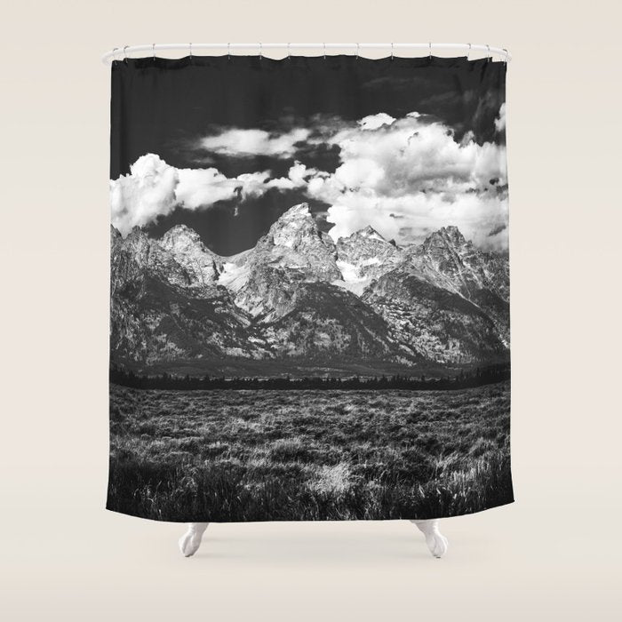 Mountain Summer Escape - Black and White Tetons Shower Curtain Gallery Image 1