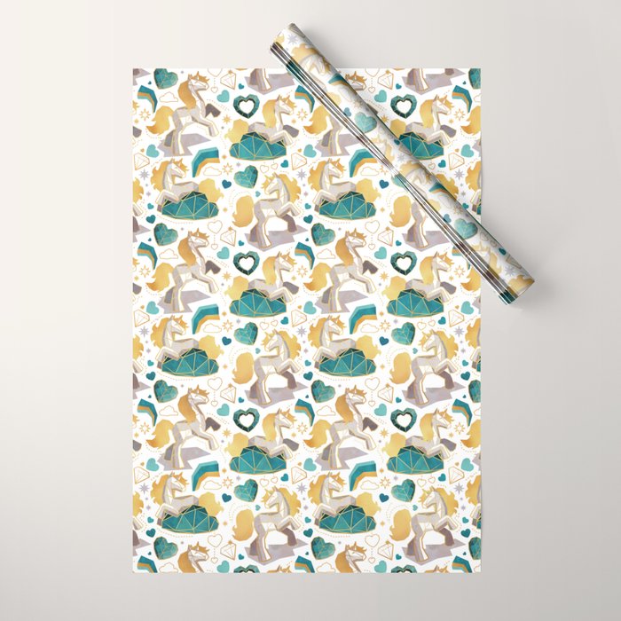 Kicking off some magic // white background white and grey unicorns aqua and mint hearts clouds and rainbows golden lines Wrapping Paper Gallery Image 1