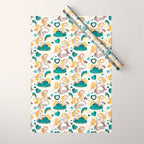Kicking off some magic // white background white and grey unicorns aqua and mint hearts clouds and rainbows golden lines Wrapping Paper Gallery Image 1
