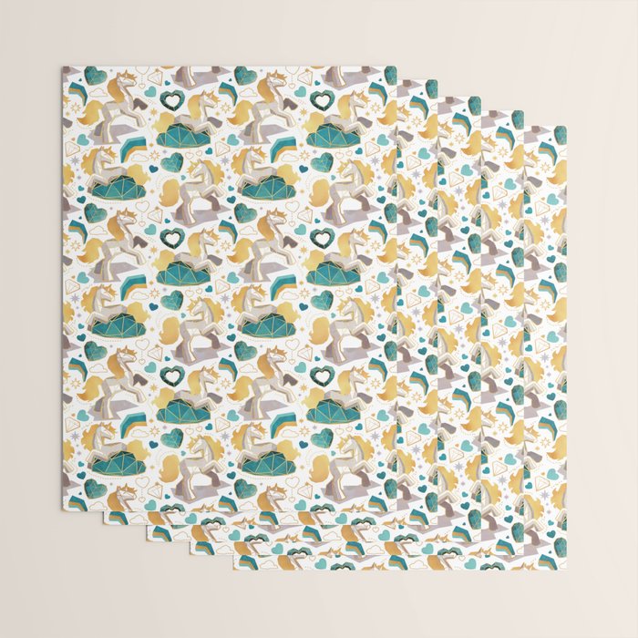 Kicking off some magic // white background white and grey unicorns aqua and mint hearts clouds and rainbows golden lines Wrapping Paper Gallery Image 3