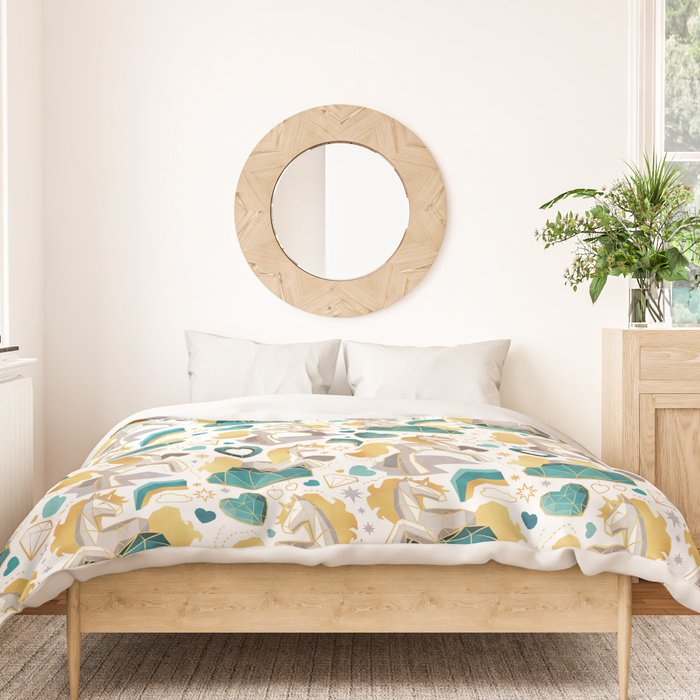 Kicking off some magic // white background white and grey unicorns aqua and mint hearts clouds and rainbows golden lines Duvet Cover Gallery Image 3