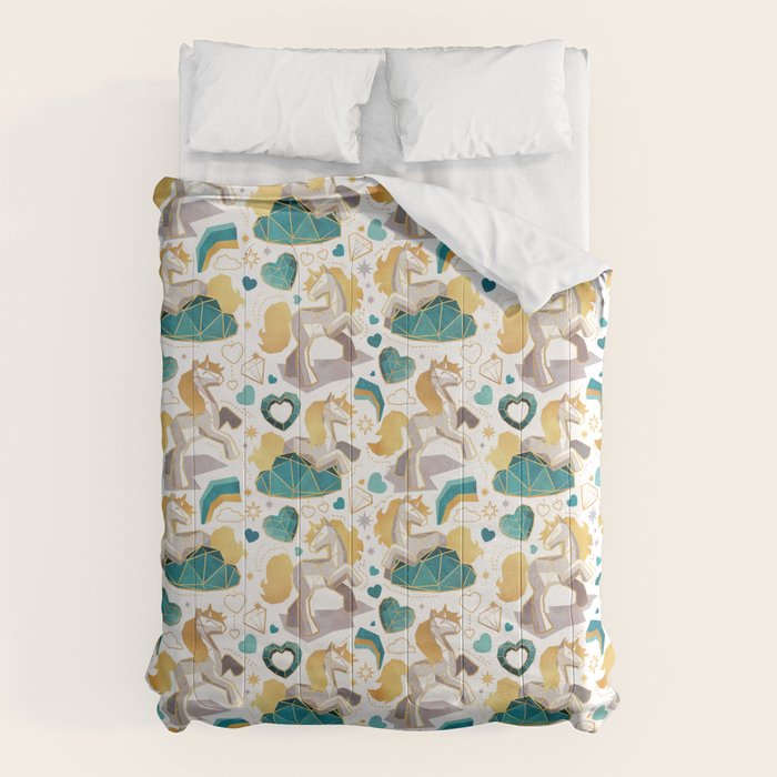 Kicking off some magic // white background white and grey unicorns aqua and mint hearts clouds and rainbows golden lines Comforter Gallery Image 1