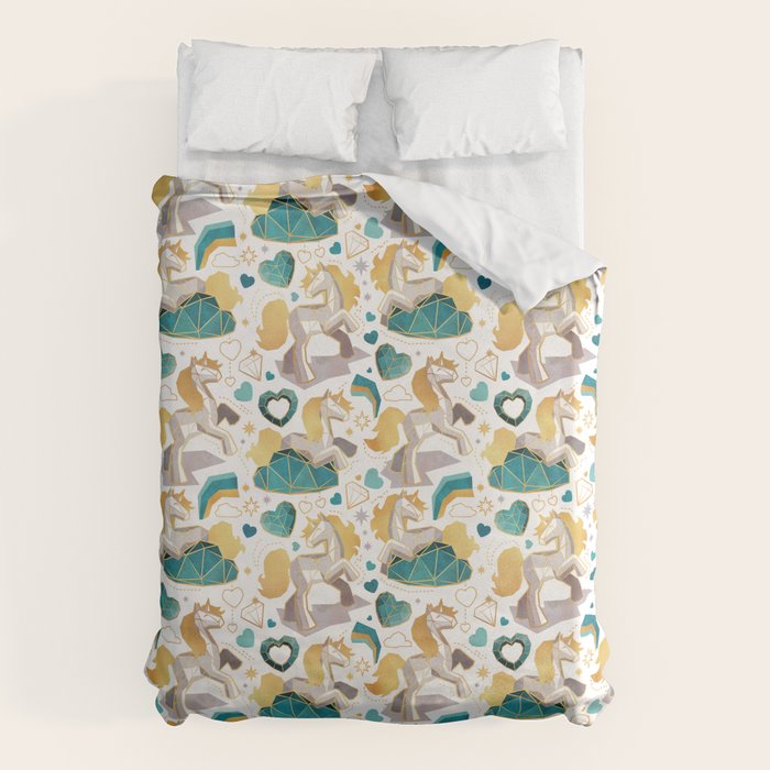 Kicking off some magic // white background white and grey unicorns aqua and mint hearts clouds and rainbows golden lines Duvet Cover Gallery Image 6