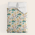 Kicking off some magic // white background white and grey unicorns aqua and mint hearts clouds and rainbows golden lines Duvet Cover Gallery Image 6