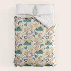 Kicking off some magic // white background white and grey unicorns aqua and mint hearts clouds and rainbows golden lines Comforter Gallery Image 6