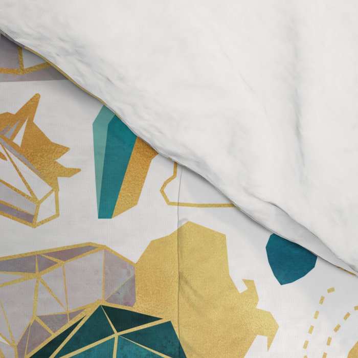 Kicking off some magic // white background white and grey unicorns aqua and mint hearts clouds and rainbows golden lines Comforter Gallery Image 4