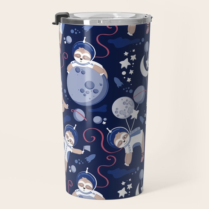 Best Space To Be // navy blue background indigo moons and cute astronauts sloths Travel Mug Gallery Image 3