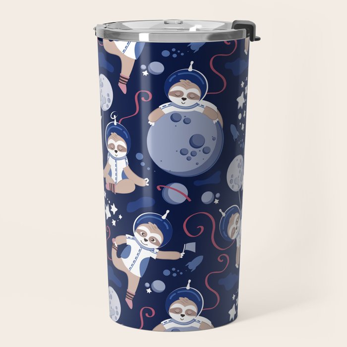 Best Space To Be // navy blue background indigo moons and cute astronauts sloths Travel Mug Gallery Image 2