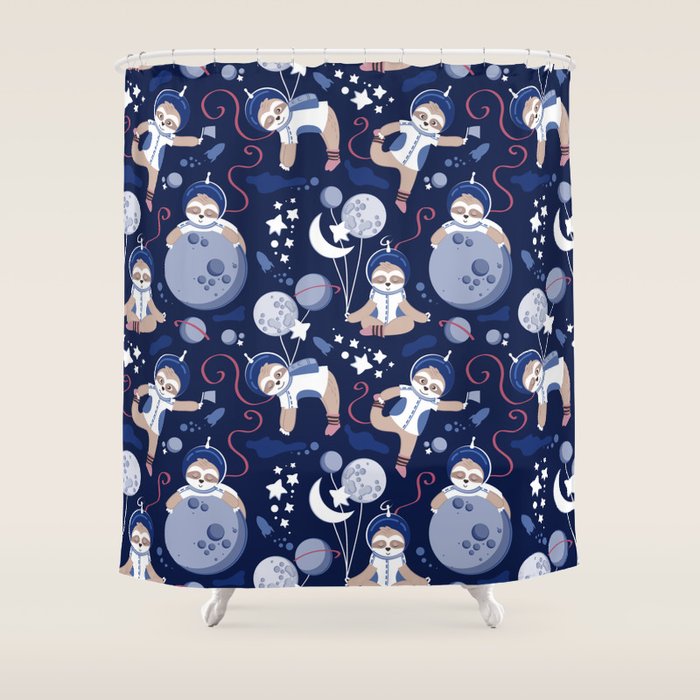 Best Space To Be // navy blue background indigo moons and cute astronauts sloths Shower Curtain Gallery Image 1