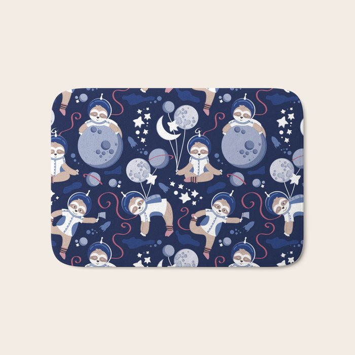 Best Space To Be // navy blue background indigo moons and cute astronauts sloths Bath Mat Gallery Image 1