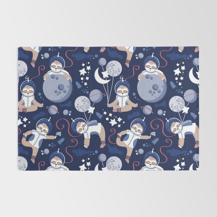 Best Space To Be // navy blue background indigo moons and cute astronauts sloths Rug Gallery Image 2