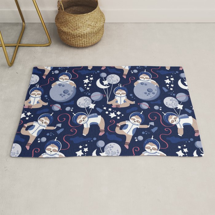 Best Space To Be // navy blue background indigo moons and cute astronauts sloths Rug Gallery Image 1