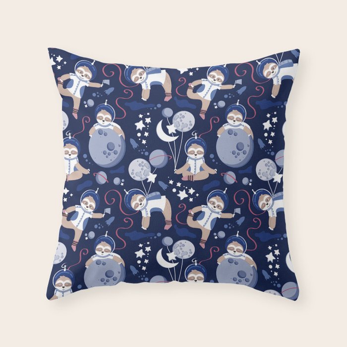 Best Space To Be // navy blue background indigo moons and cute astronauts sloths Throw Pillow Gallery Image 1