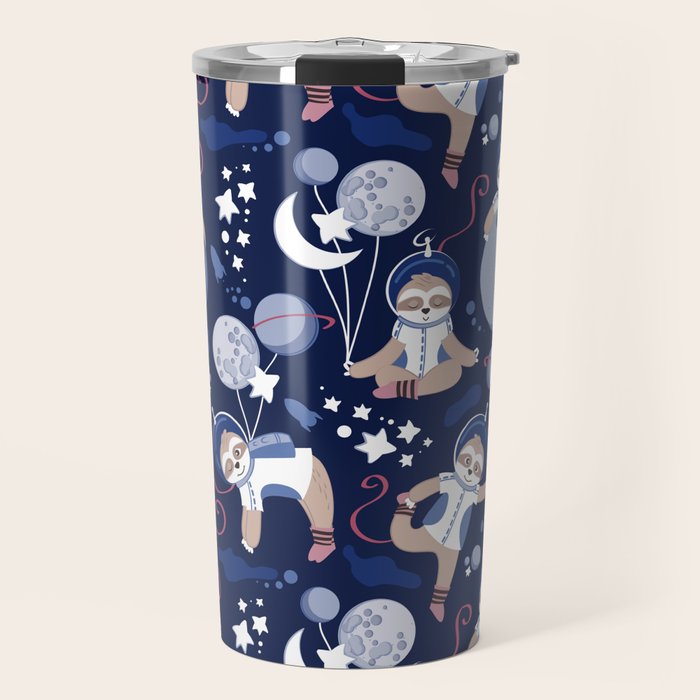 Best Space To Be // navy blue background indigo moons and cute astronauts sloths Travel Mug Gallery Image 1