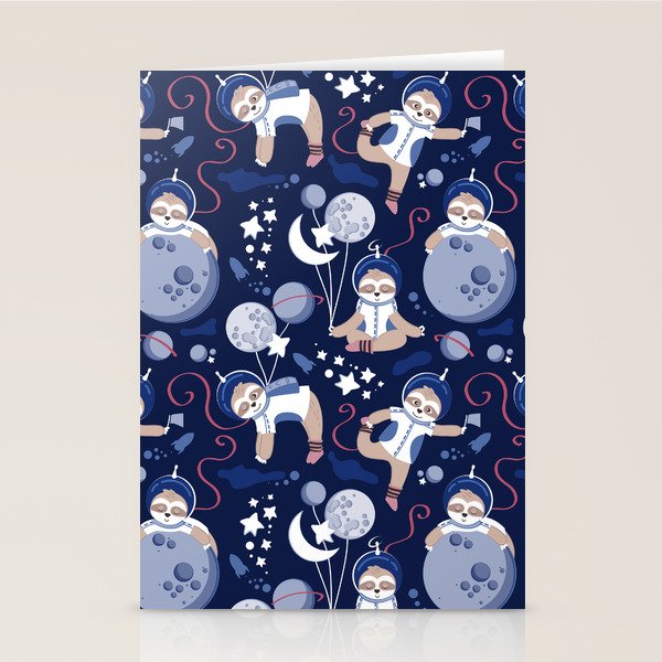 Best Space To Be // navy blue background indigo moons and cute astronauts sloths Stationery Card Gallery Image 1