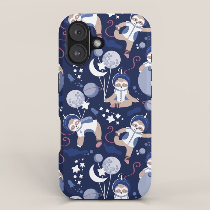 Best Space To Be // navy blue background indigo moons and cute astronauts sloths iPhone Case Gallery Image 1