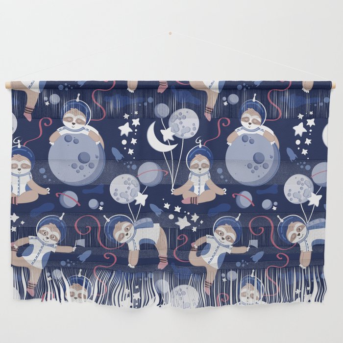 Best Space To Be // navy blue background indigo moons and cute astronauts sloths Wall Hanging Gallery Image 1