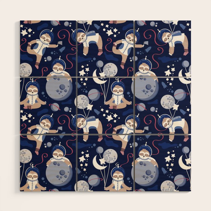 Best Space To Be // navy blue background indigo moons and cute astronauts sloths Wood Wall Art Gallery Image 1